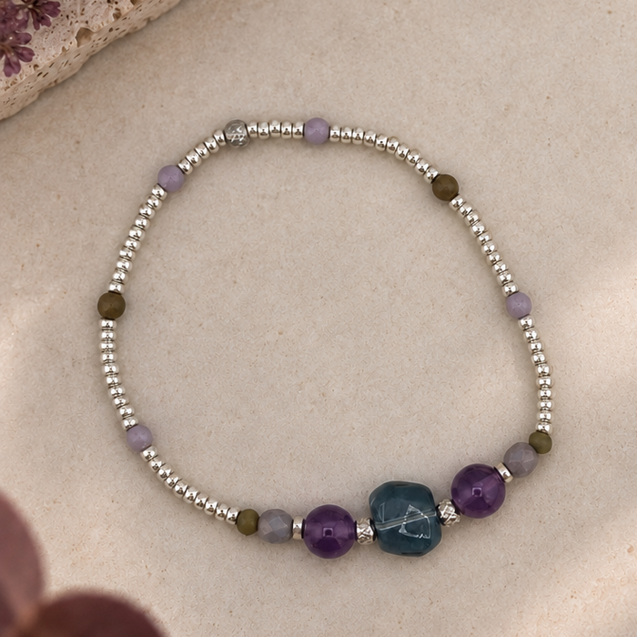 Bracelet argenté Borgia-perles de verre et Miyuki-monté sur élastique