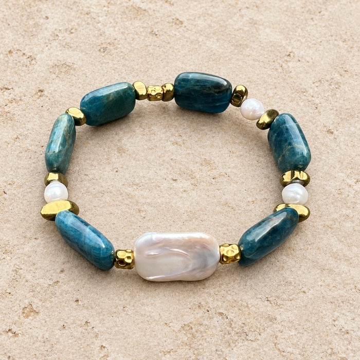 Bracelet doré Célestine-pierres lapis lazuli et perle d'eau douce et élastique