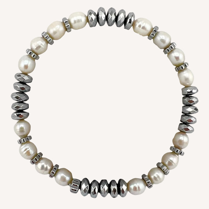 Bracelet argenté Mathilde-perles d'eau douce et hématite et élastique