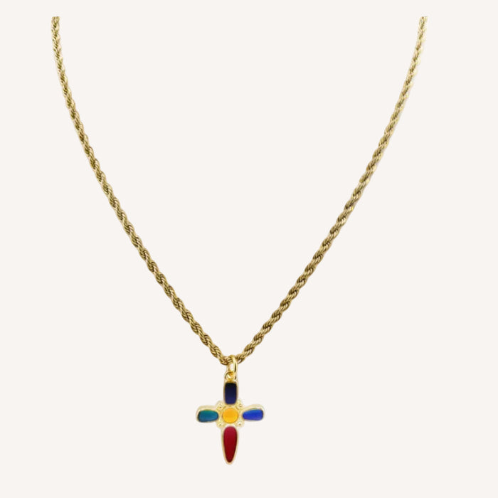 Chaine dorée Eva-pendentif croix multicolore et fermoir en T
