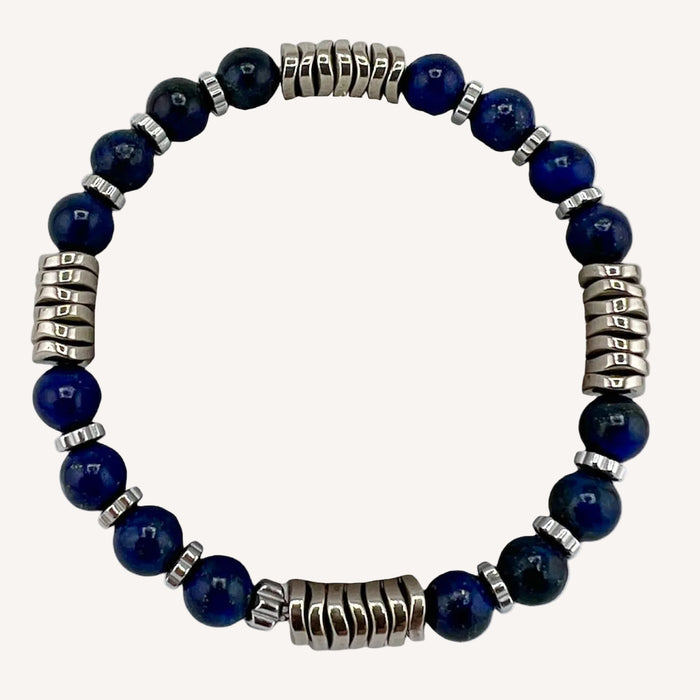 Bracelet argenté Constance-pierres lapis lazuli et élastique