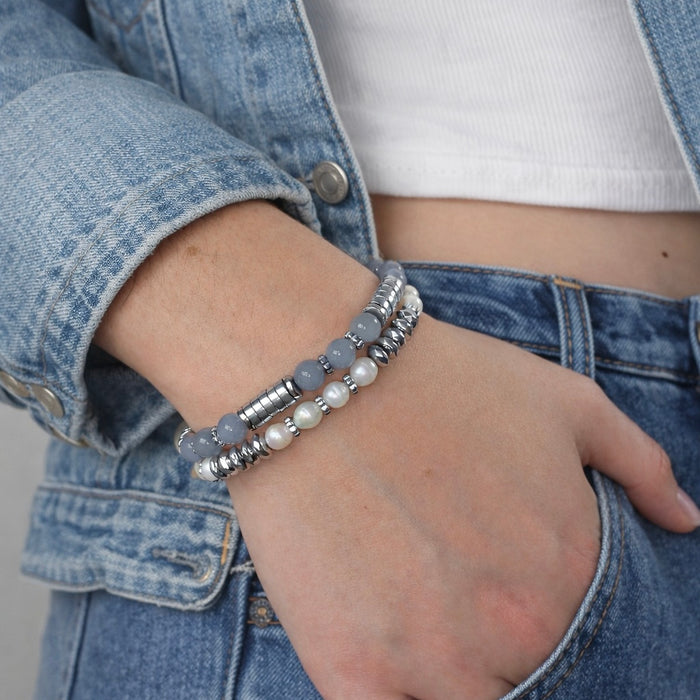 Bracelet argenté Elise-pierres aventurine bleue et élastique