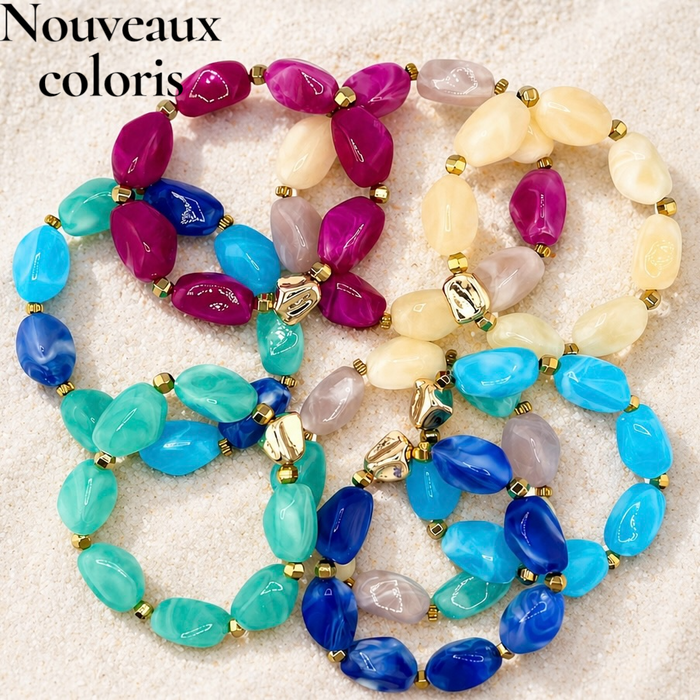 Bracelet doré Daisy-perles acrylique marbrées et élastique