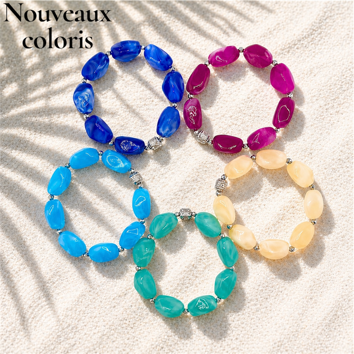 Bracelet argenté Daisy-perles acrylique marbrées et élastique