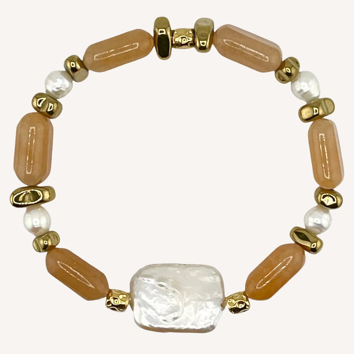 Bracelet doré Adèle-pierres aventurine et perle d'eau douce et élastique