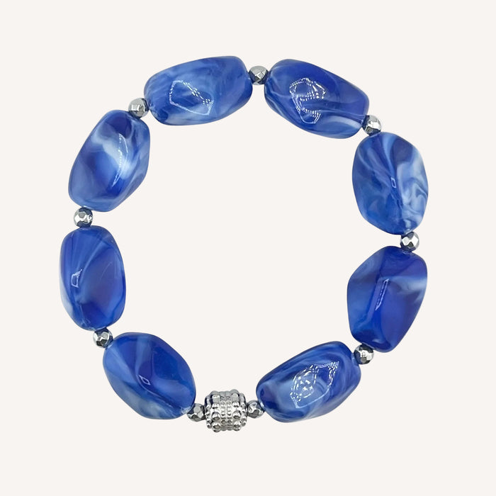 Bracelet argenté Daisy-perles acrylique marbrées et élastique