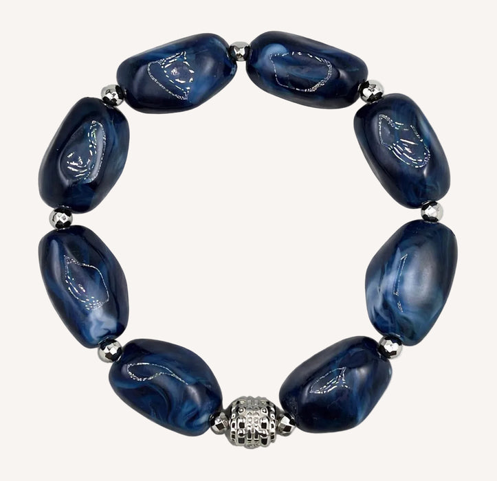 Bracelet argenté Daisy-perles acrylique marbrées et élastique