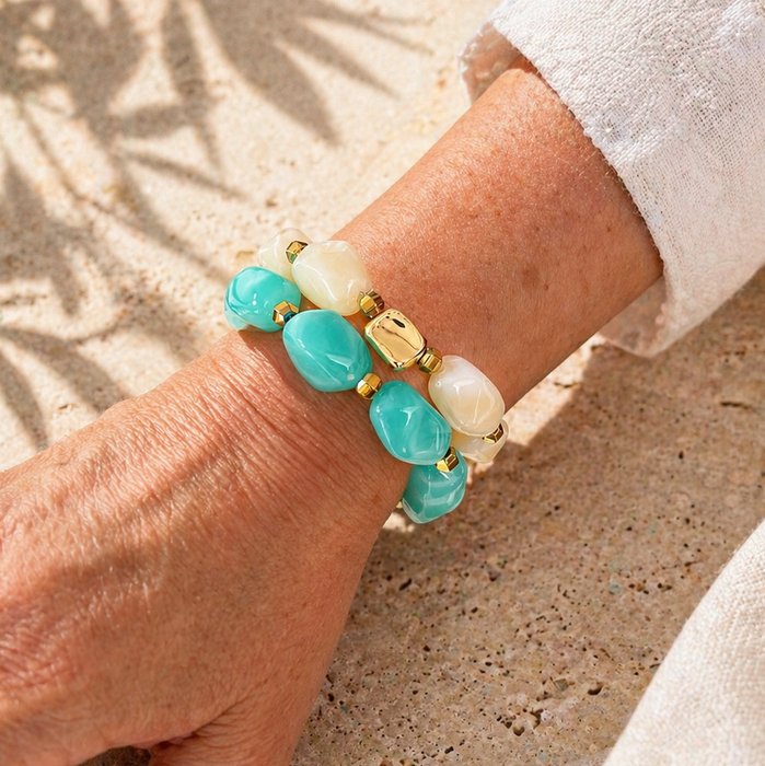 Bracelet doré Daisy-perles acrylique marbrées et élastique