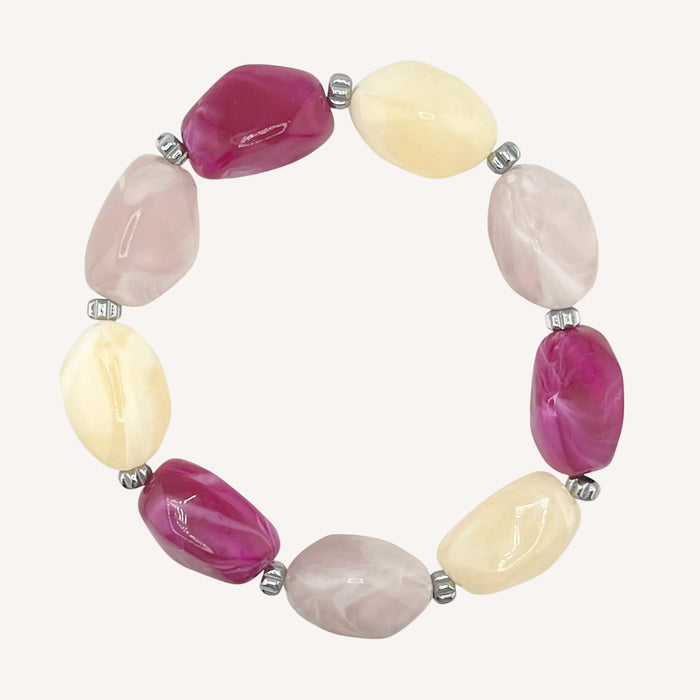 Bracelet argenté Lily-perles acrylique marbrées et élastique