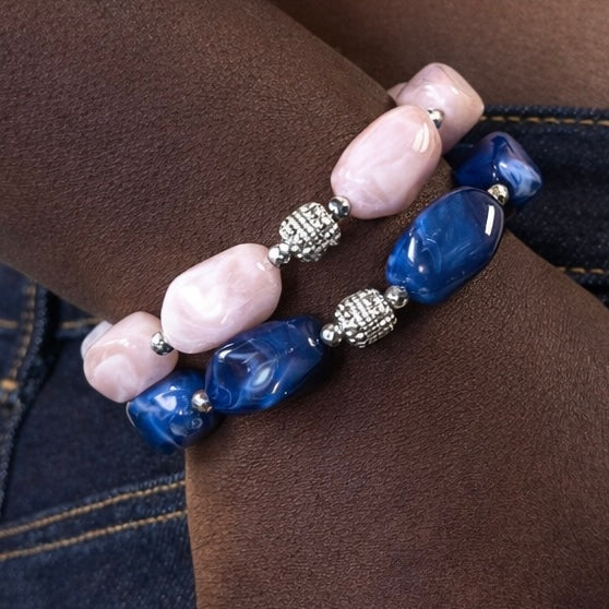 Bracelet argenté Daisy-perles acrylique marbrées et élastique