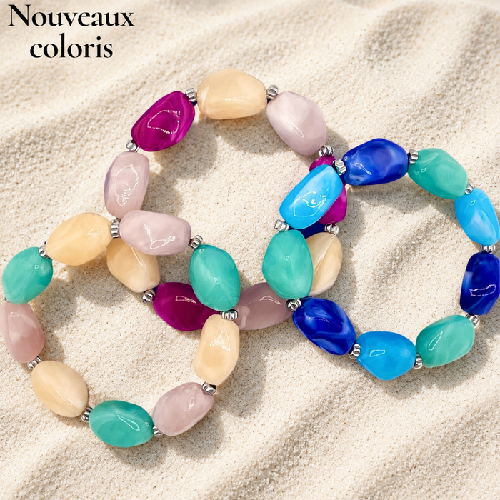 Bracelet argenté Lily-perles acrylique marbrées et élastique