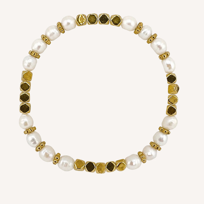 Bracelet doré Mathilde-perles d'eau douce et hématite et élastique