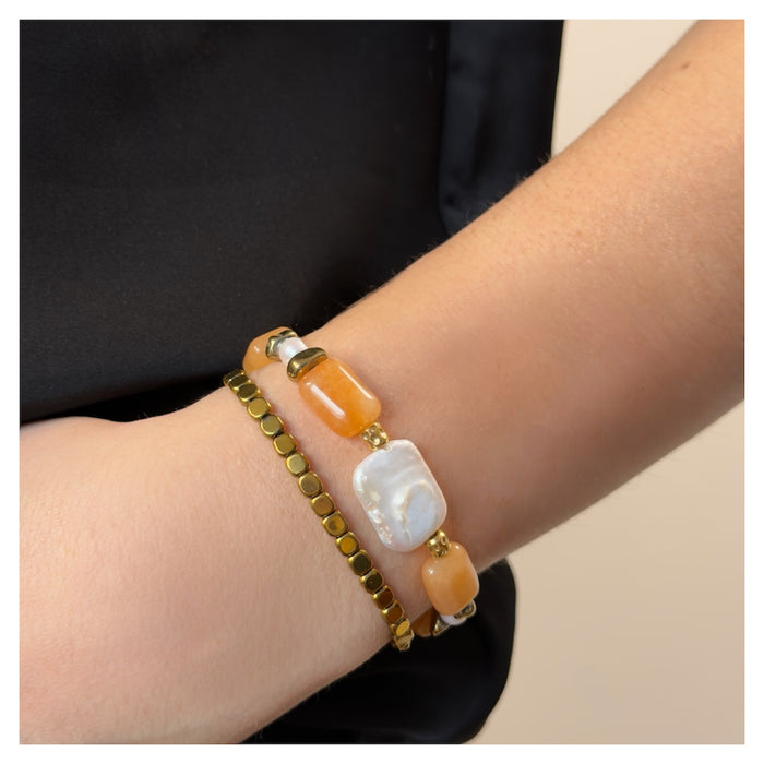 Bracelet doré Adèle-pierres aventurine et perle d'eau douce et élastique