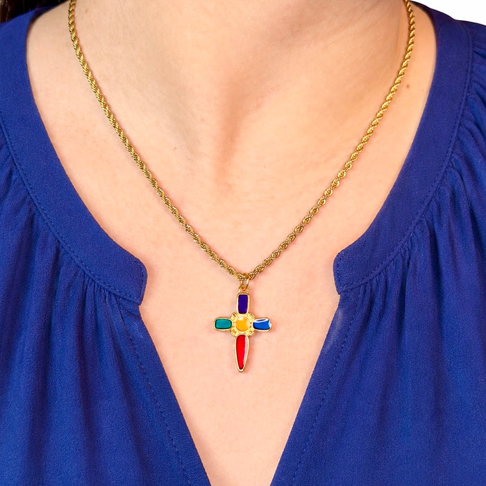 Chaine dorée Eva-pendentif croix multicolore et fermoir en T