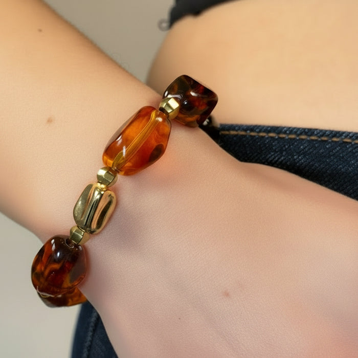 Bracelet doré Daisy-perles acrylique marbrées et élastique