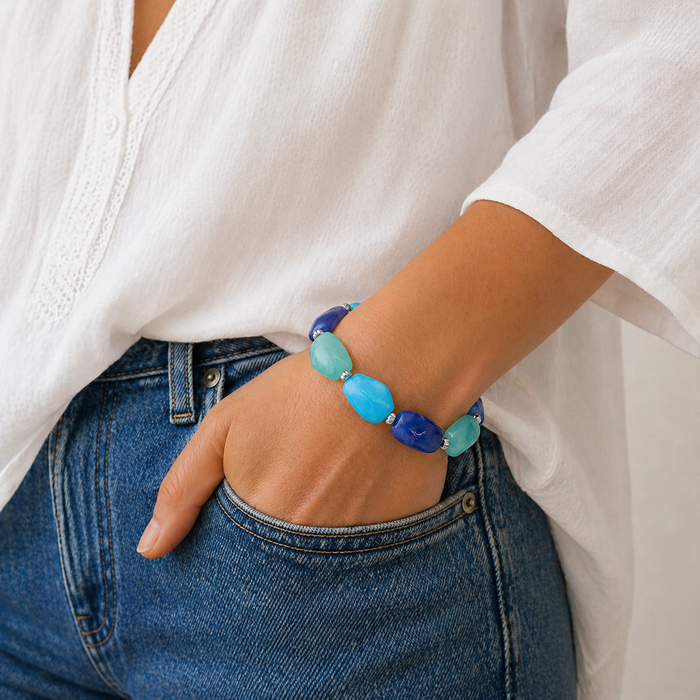 Bracelet argenté Lily-perles acrylique marbrées et élastique