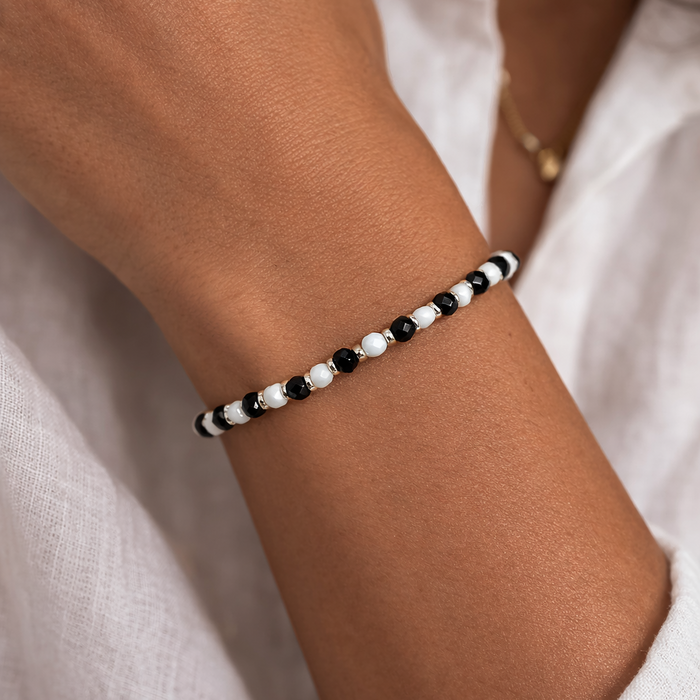Bracelet argenté Yumiko-perles de bohème facettées et élastique