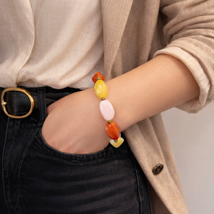 Bracelet doré Lily-perles acrylique marbrées et élastique