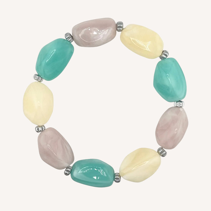 Bracelet argenté Lily-perles acrylique marbrées et élastique