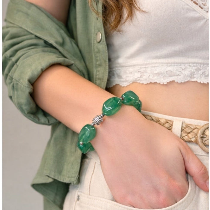 Bracelet argenté Daisy-perles acrylique marbrées et élastique